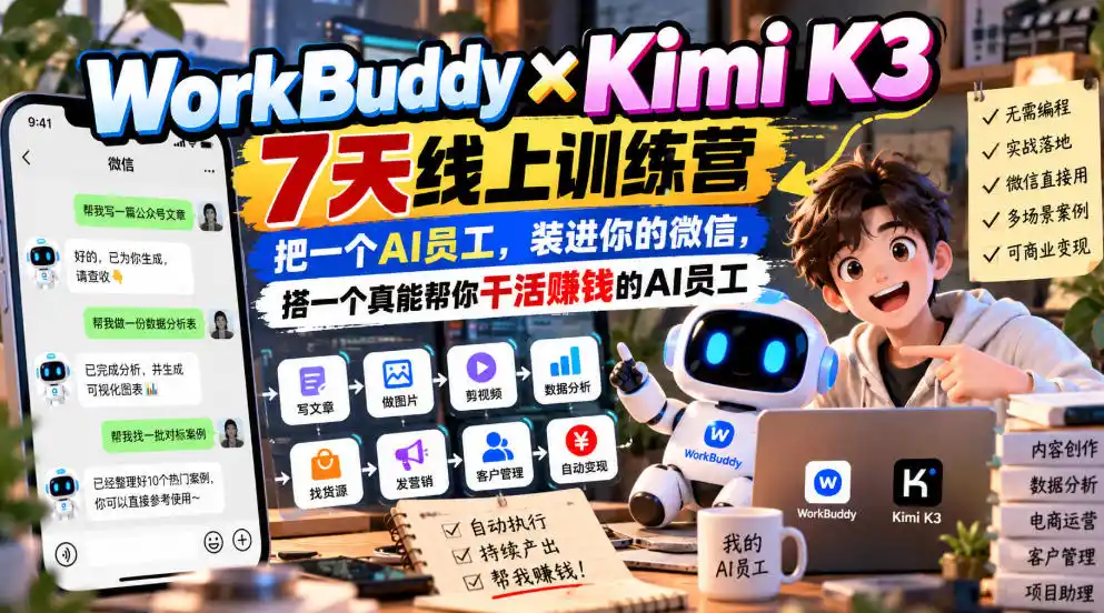 WorkBuddy×Kimi K3 7天线上训练营，把一个AI员工，装进你的微信，搭一个真能帮你干活賺钱的AI员工-资源分享