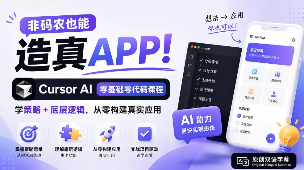 非码农也能造真APP！Cursor AI零基础零代码课程：学策略+底层逻辑，从零构建真实应用【原创双语字幕】-资源分享