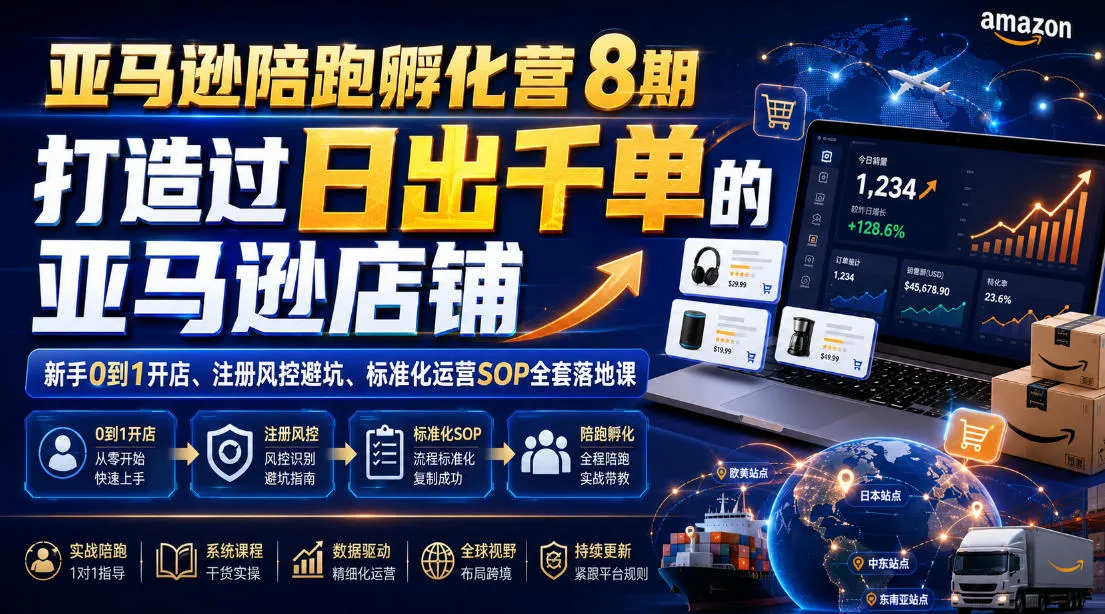 亚马逊陪跑孵化营8期，打造过日出千单的亚马逊店铺，新手0到1开店、注册风控避坑、标准化运营SOP全套落地课-资源分享
