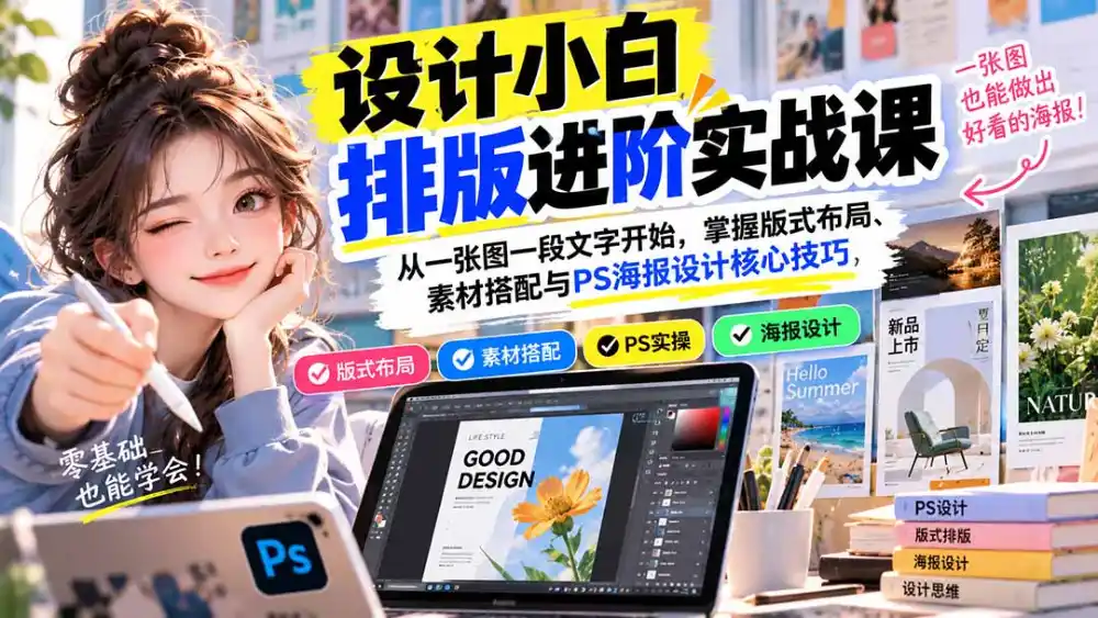 设计小白排版进阶实战课：从一张图一段文字开始，掌握版式布局、素材搭配与PS海报设计核心技巧-资源分享
