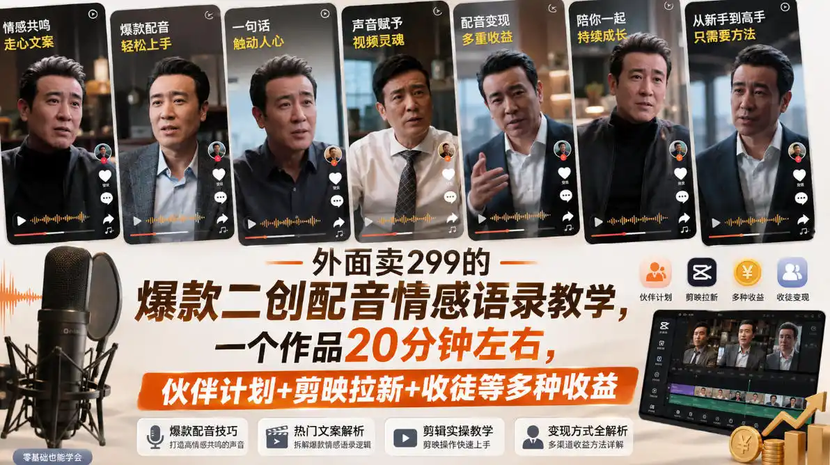 外面卖299的爆款二创配音情感语录教学，一个作品20分钟左右，伙伴计划+剪映拉新+收徒等多种收益-资源分享