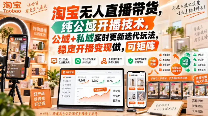 淘宝无人直播带货，纯公域开播技术，公域+私域实时更新迭代玩法，稳定开播变现做，可矩阵【揭秘】-资源分享