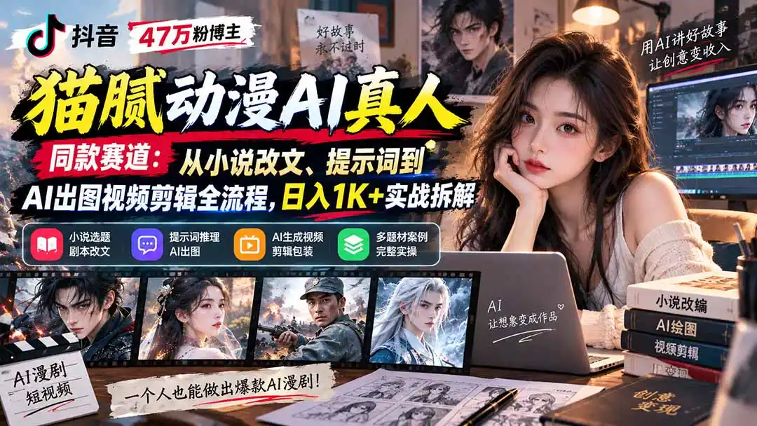 抖音47万粉博主猫腻动漫AI真人同款赛道：从小说改文、提示词到AI出图视频剪辑全流程，日入1K+实战拆解-资源分享