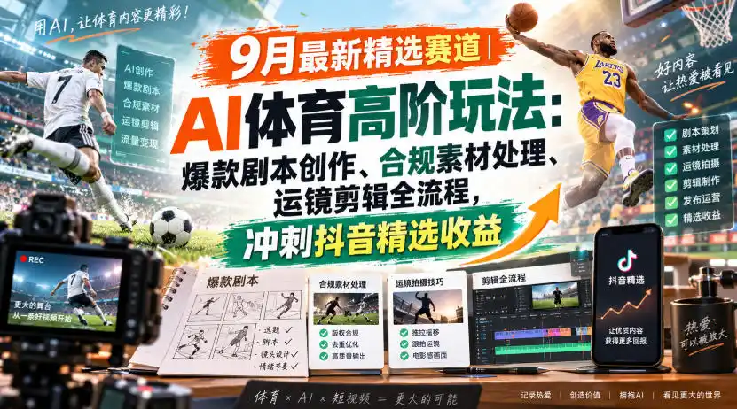 某大佬的9月最新精选赛道之AI体育顶级玩法，爆款剧本创作、版权规避、运镜剪辑全流程，稳拿抖音精选收益-资源分享