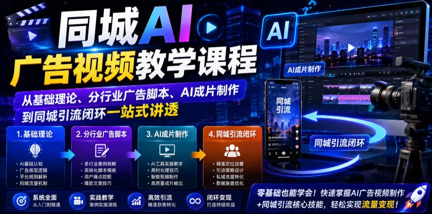 同城AI广告视频教学课程，从基础理论、分行业广告脚本、AI成片制作到同城引流闭环一站式讲透-资源分享