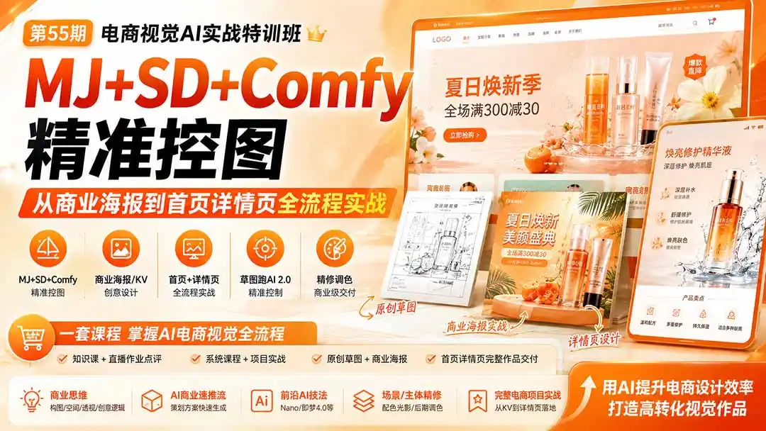 电商视觉 AI实战训练营第55期：MJ+SD+Comfy精准控图，从商业海报到首页详情页全流程实战-资源分享