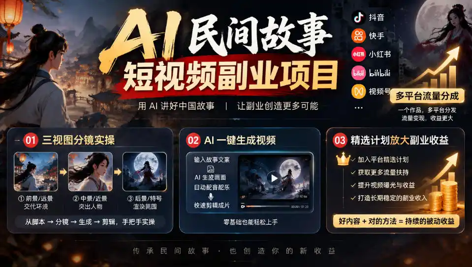 AI民间故事短视频副业项目，多平台流量分成，三视图分镜实操，精选计划放大副业收益-资源分享