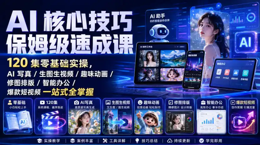 AI核心技巧保姆级速成课｜120集零基础实操，AI写真/生图生视频/趣味动画/修图排版/智能办公/爆款短视频一站式全掌握(更新)-资源分享