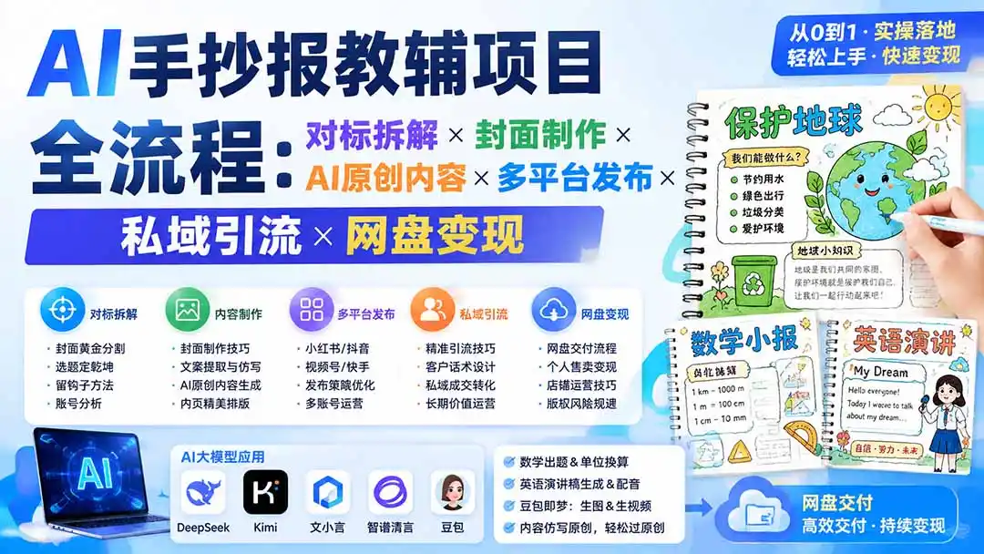 AI手抄报教辅项目全流程：对标拆解×封面制作×AI原创内容×多平台发布×私域引流×网盘变现-资源分享