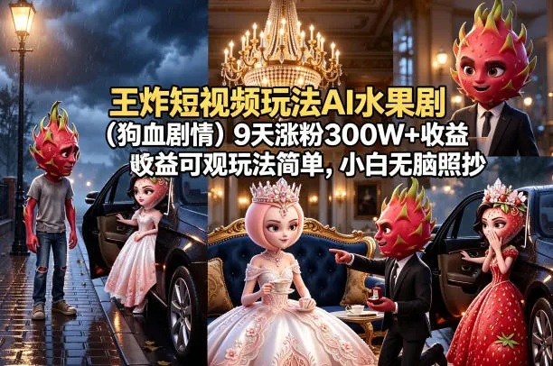 王炸短视频玩法AI水果剧(狗血剧情)9天涨粉300W+收益可观玩法简单，小白无脑照抄，详细拆解玩法-资源分享