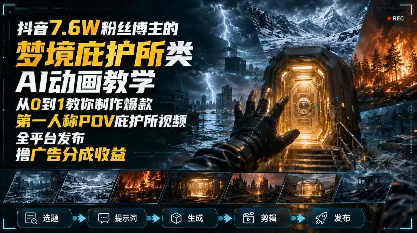抖音7.6W粉丝博主的梦境庇护所类AI动画教学，从0到1教你制作爆款第一人称POV庇护所视频，全平台发布撸广告分成收益-资源分享
