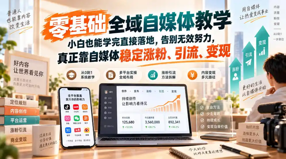零基础全域自媒体教学，小白也能学完直接落地，告别无效努力，真正靠自媒体稳定涨粉、引流、变现-资源分享