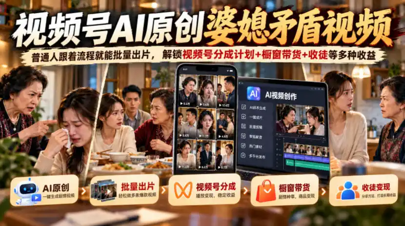 视频号ai原创婆媳矛盾视频，普通人跟着流程就能批量出片，解锁视频号分成计划+橱窗带货+收徒等多种收益-资源分享