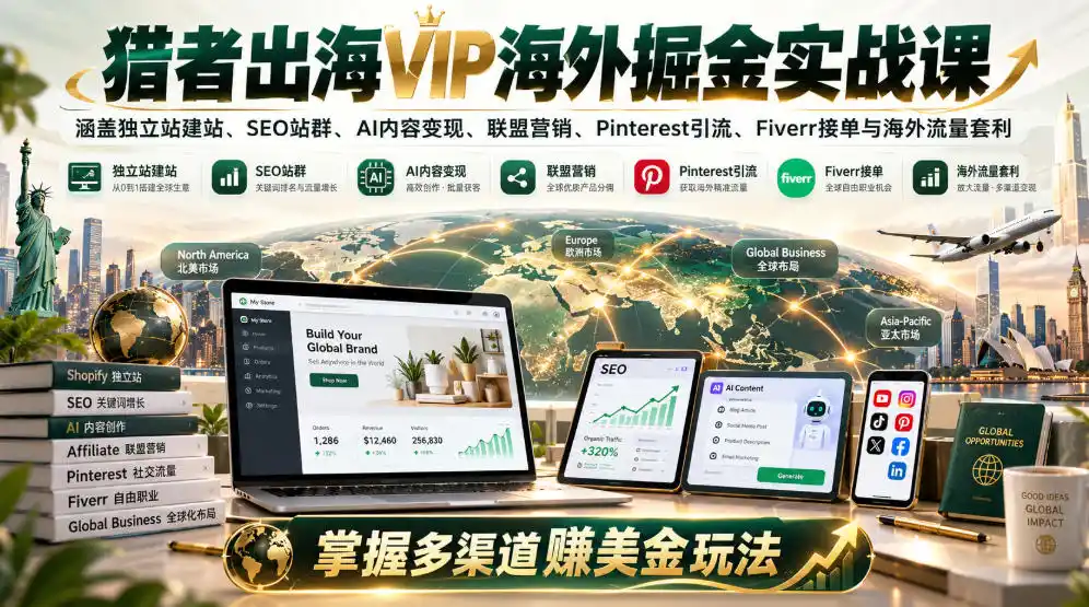 猎者出海VIP海外掘金实战课：涵盖独立站、SEO站群、AI变现、联盟营销、Pinterest引流、Fiverr接单与海外流量套利，掌握多渠道賺美金玩法-资源分享