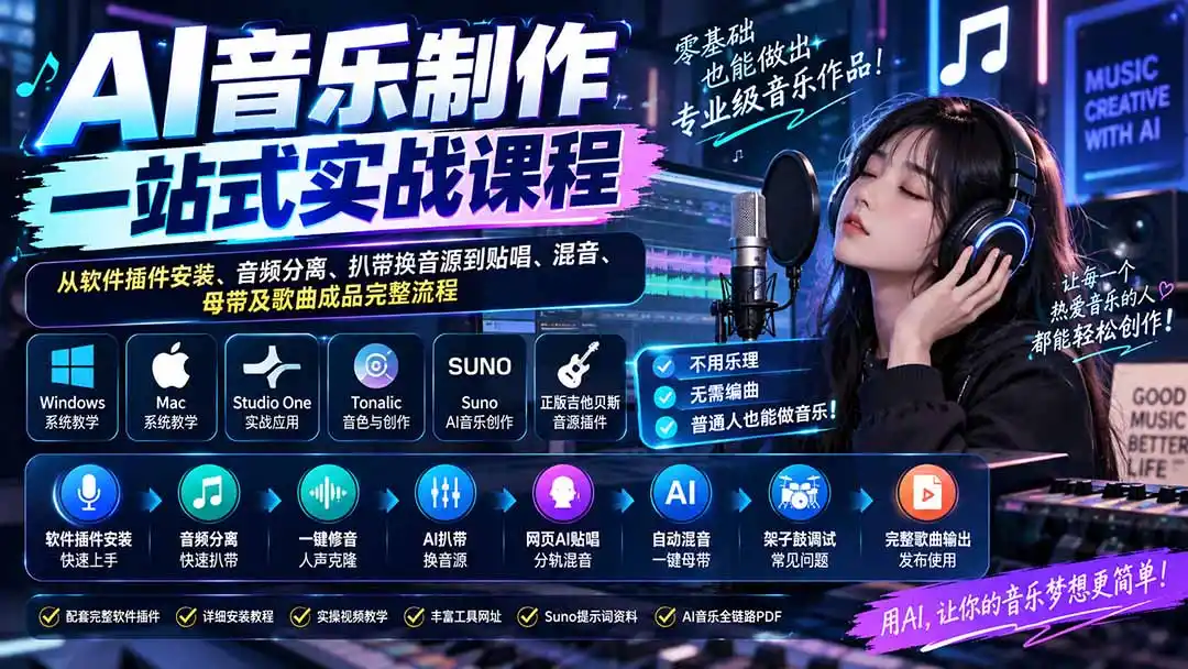 AI音乐制作一站式实战课程：从软件插件安装、音频分离、扒带换音源到贴唱、混音、母带及歌曲成品完整流程-资源分享