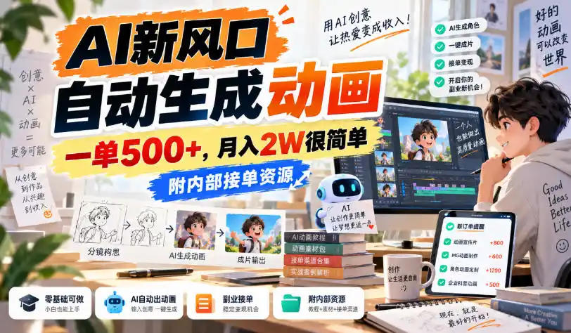 AI新风口，自动生成动画，一单500+，月入2W很简单，附内部接单资源【揭秘】-资源分享