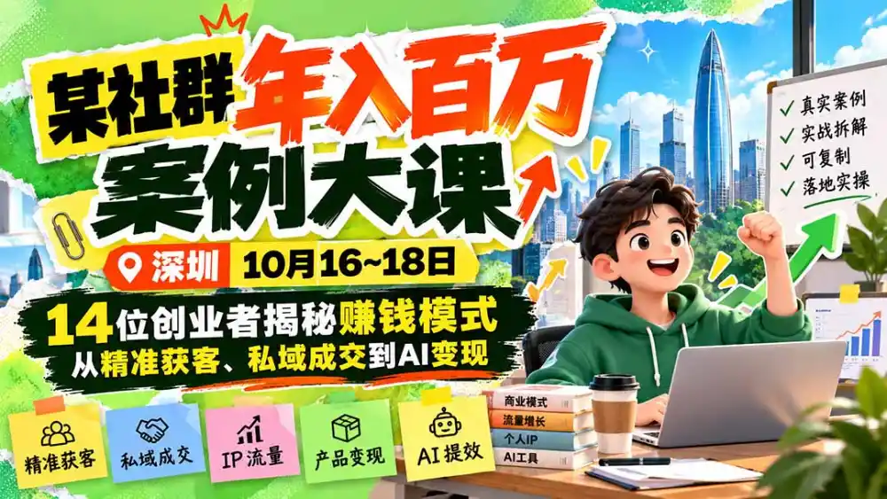 某社群年入百万案例大课-深圳10月16~18日：14位创业者揭秘赚钱模式，从精准获客、私域成交到AI变现-资源分享