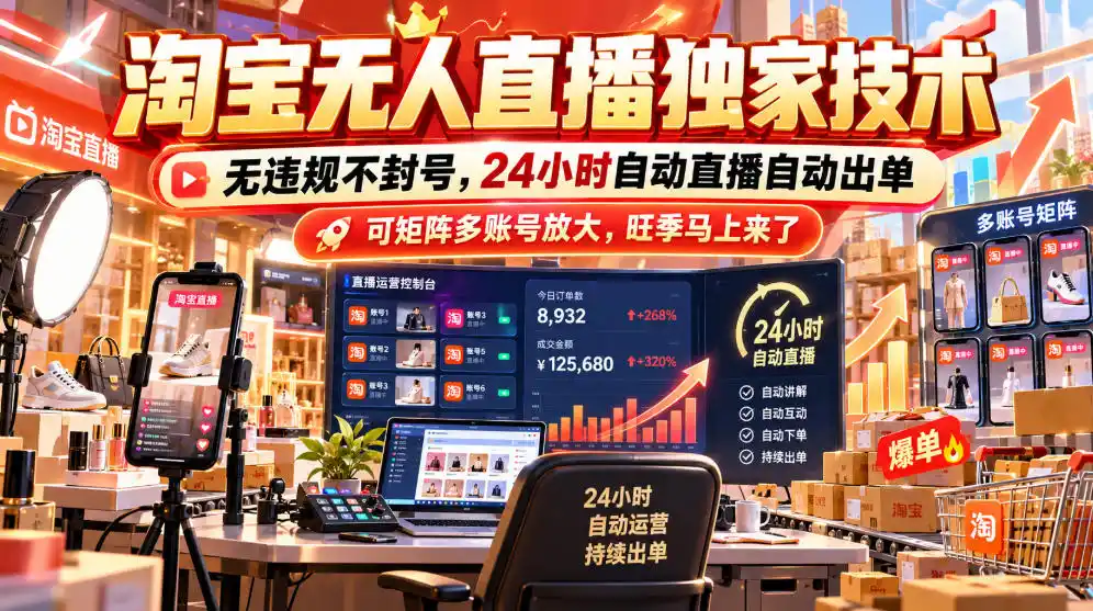 淘宝无人直播独家技术，无违规不封号，24小时自动直播自动出单，可矩阵多账号放大，旺季马上来了【揭秘】-资源分享