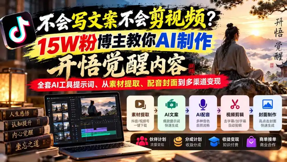 不会写文案不会剪视频？15W粉博主教你AI制作开悟觉醒内容，全套AI工具提示词、从素材提取、配音封面到多渠道变现-资源分享