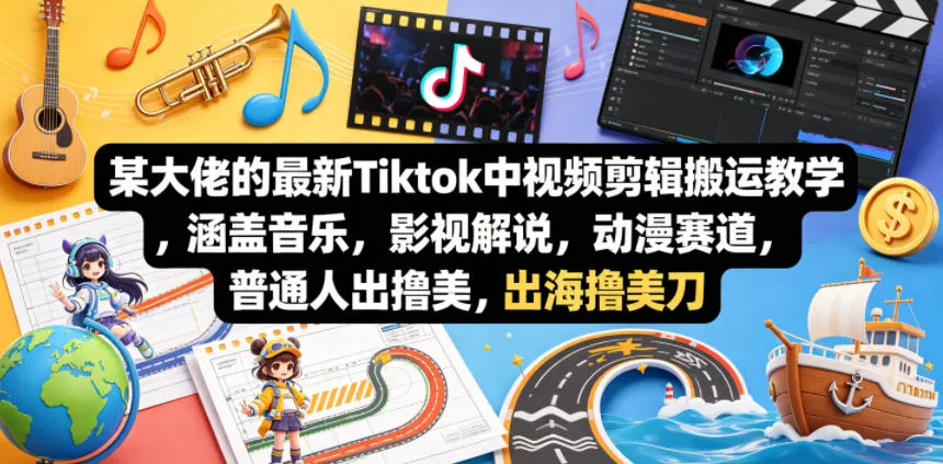 某大佬的最新Tiktok中视频剪辑搬运教学，涵盖音乐，影视解说，动漫赛道，普通人出海撸美刀-资源分享
