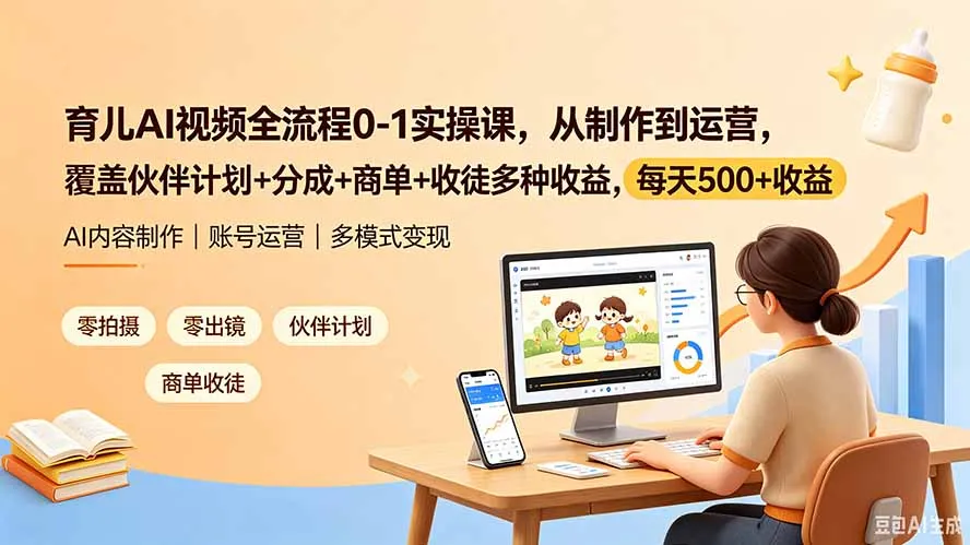 育儿AI视频全流程0-1实操课，从制作到运营，覆盖伙伴计划+分成+商单+收徒多种收益，每天500+收益-资源分享