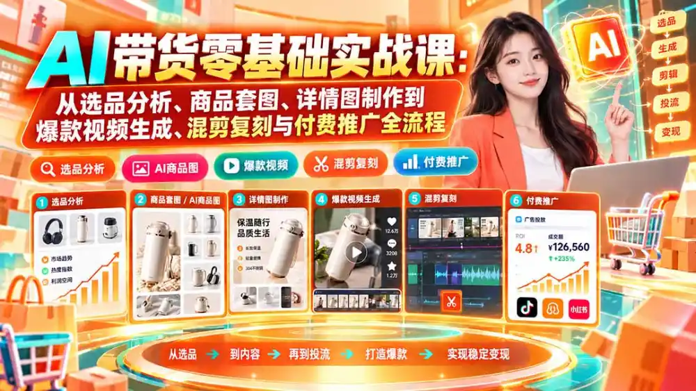 AI带货零基础实战课：从选品分析、商品套图、详情图制作到爆款视频生成、混剪复刻与付费推广全流程-资源分享