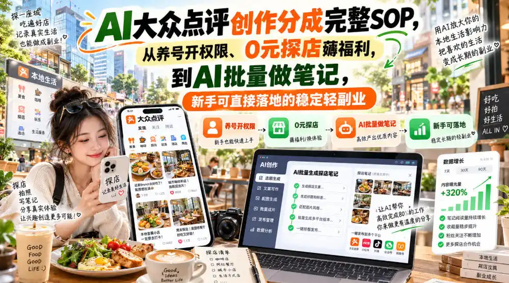 【无水印】AI大众点评创作分成完整SOP，从养号开权限、0元探店薅福利，到AI批量做笔记，新手可直接落地的稳定轻副业-资源分享