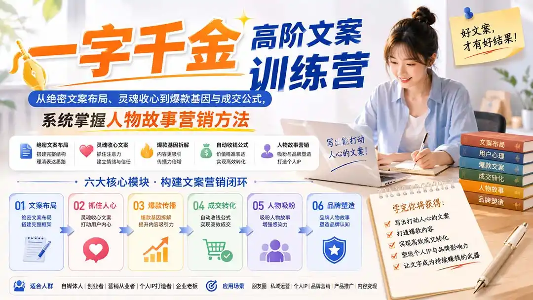一字千金高阶文案训练营：从绝密文案布局、灵魂收心到爆款基因与成交公式，系统掌握人物故事营销方法-资源分享