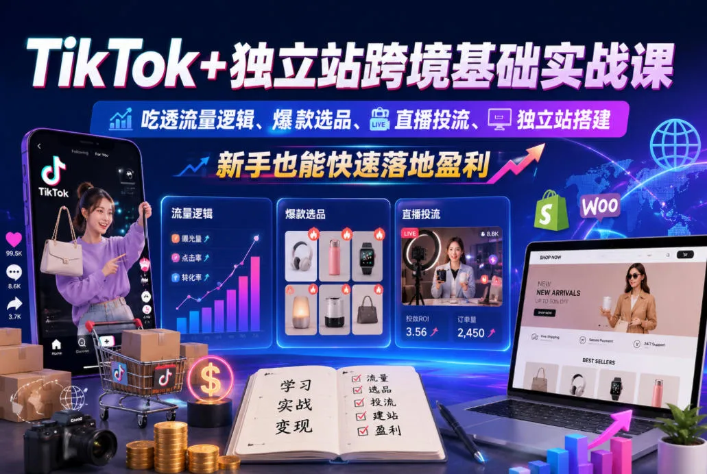 TikTok+独立站跨境基础实战课，吃透流量逻辑、爆款选品、直播投流与独立站搭建，新手也能快速落地盈利-资源分享
