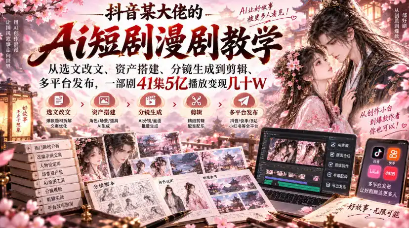 抖音某大佬的Ai短剧漫剧教学，从选文改文、资产搭建、分镜生成到剪辑、多平台发布，一部剧41集5亿播放变现几十W-资源分享
