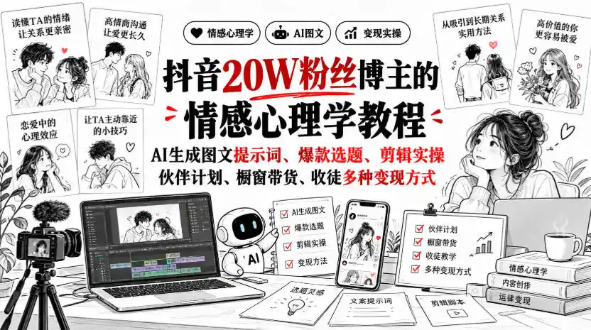 抖音20W粉丝博主静候心声的情感心理学教程，AI生成图文提示词、爆款选题、剪辑实操，伙伴计划、橱窗带货、收徒多种变现方式-资源分享