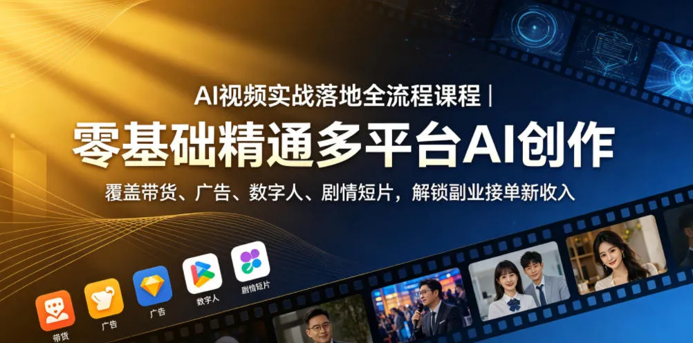 AI视频实战落地全流程课程｜零基础精通多平台AI创作，覆盖带货、广告、数字人、剧情短片，解锁副业接单新收入-资源分享