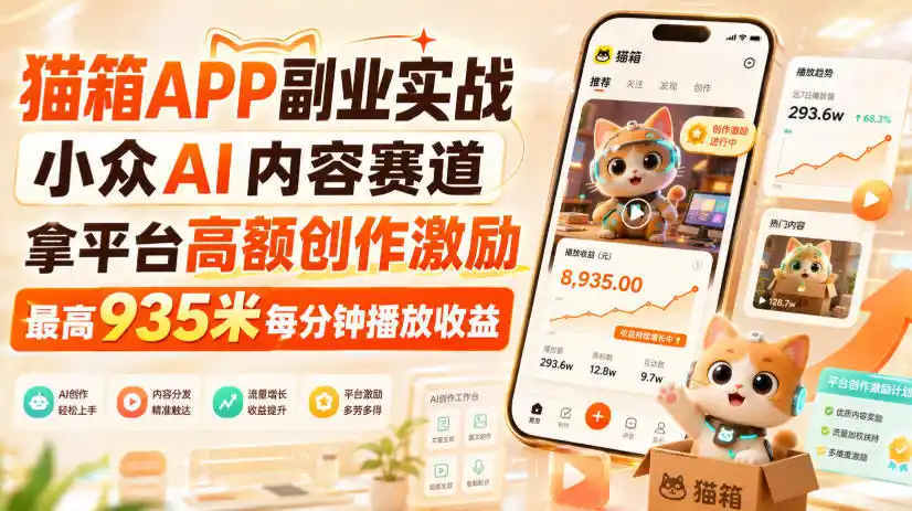 猫箱APP副业实战，小众AI内容赛道，拿平台高额创作激励，最高935米每分钟播放收益-资源分享
