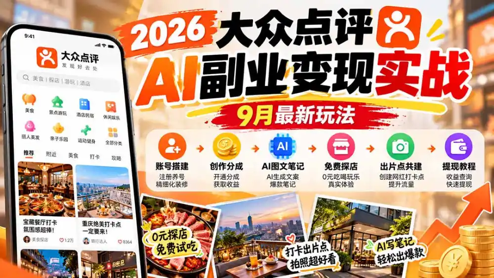 2026大众点评AI副业变现实战9月最新玩法：账号搭建+创作分成+AI图文笔记+免费探店+出片点共建与提现教程-资源分享