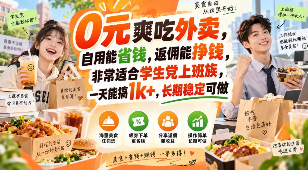 0元爽吃外卖，自用能省钱，返佣能挣钱，非常适合学生党上班族，一天能搞1k+，长期稳定可做-资源分享