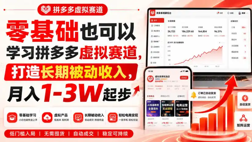 零基础也可以学习拼多多虚拟赛道，打造长期被动收入，月入1-3W起步-资源分享