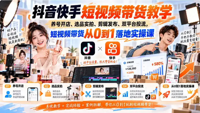 抖音快手短视频带货教学｜养号开店、选品实拍、剪辑发布、双平台投流，短视频带货从0到1落地实操课-资源分享