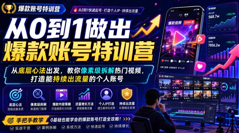 从0到1做出爆款账号特训营，从底层心法出发，教你像素级拆解热门视频，打造能持续出流量的个人账号-资源分享