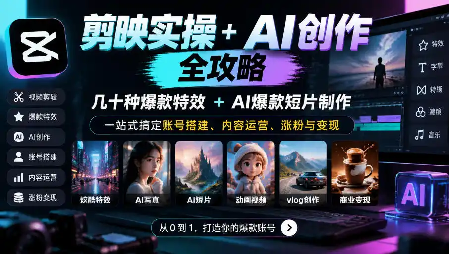 剪映实操+AI创作全攻略｜几十种爆款特效+AI爆款短片制作，一站式搞定账号搭建、内容运营、涨粉与变现-资源分享
