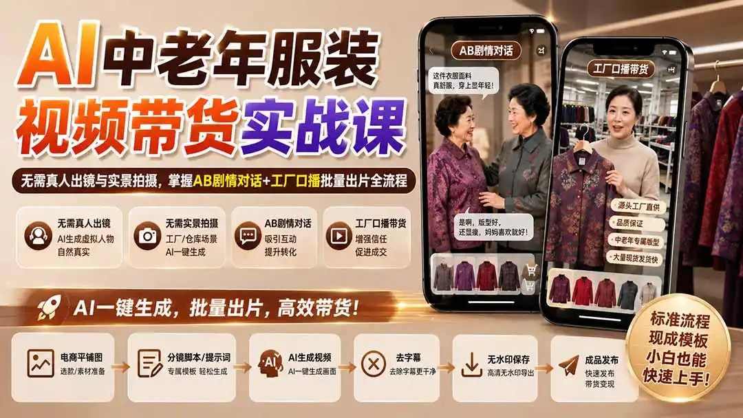 AI中老年服装视频带货实战课：无需真人出镜与实景拍摄，掌握AB剧情对话+工厂口播批量出片全流程-资源分享