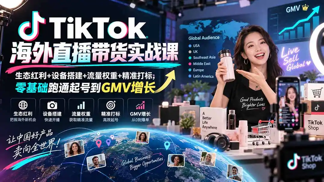 TikTok海外直播带货实战课｜生态红利+设备搭建+流量权重+精准打标，零基础跑通起号到GMV增长-资源分享
