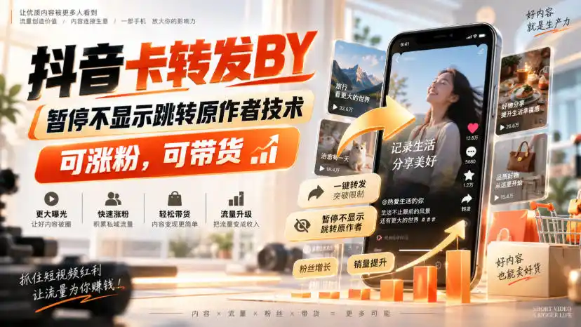 抖音卡转发搬运，暂停不显示跳转原作者技术，可涨粉，可带货-资源分享