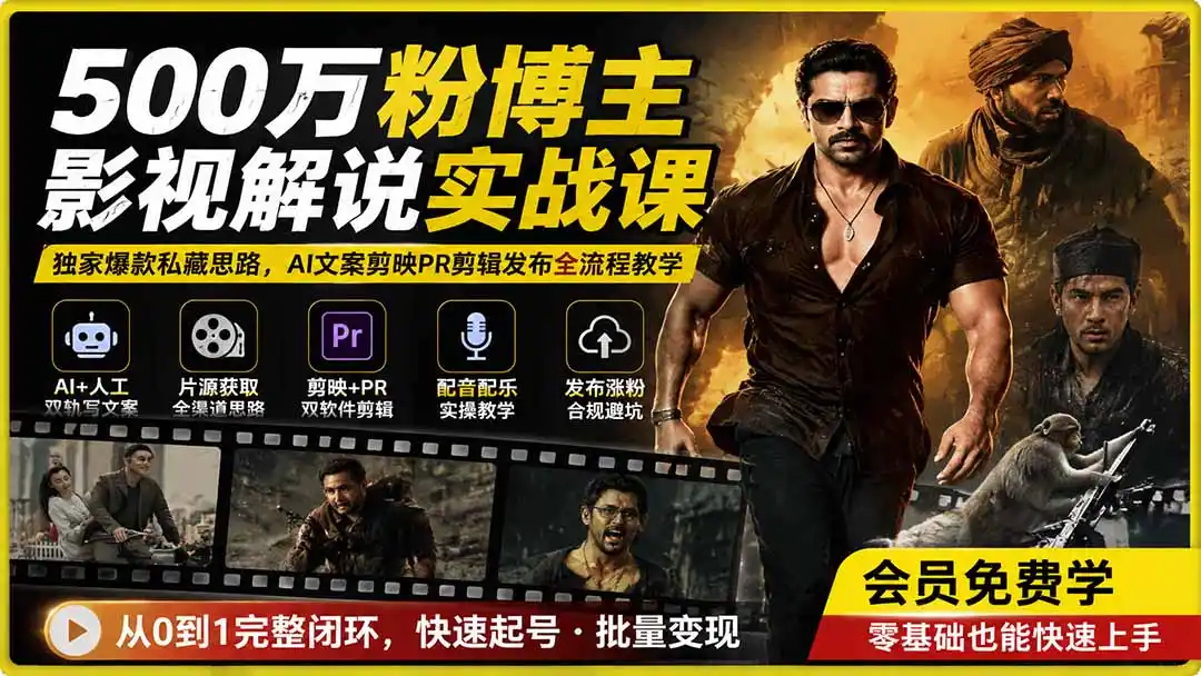 500万粉博主影视解说实战课｜独家爆款私藏思路，AI文案剪映PR剪辑发布全流程教学-资源分享