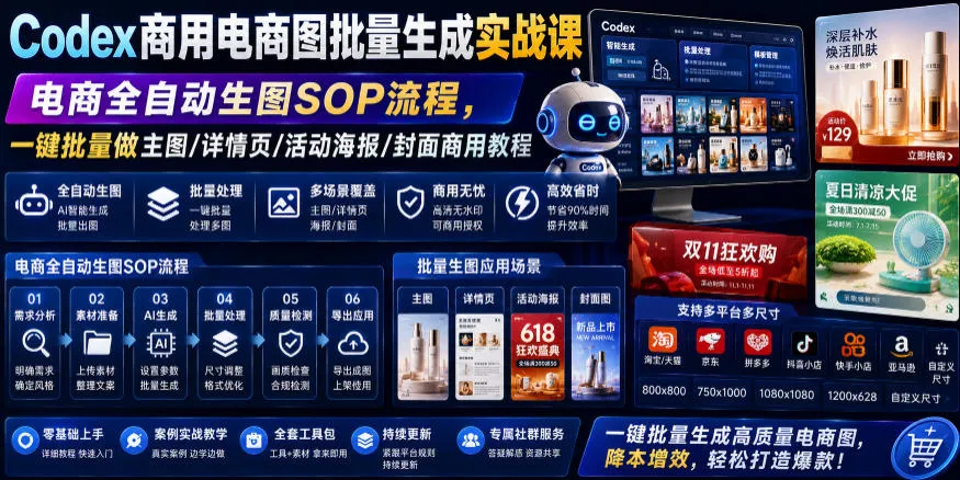 Codex商用电商图批量生成实战课｜电商全自动生图SOP流程，一键批量做主图/详情页/活动海报/封面商用教程-资源分享