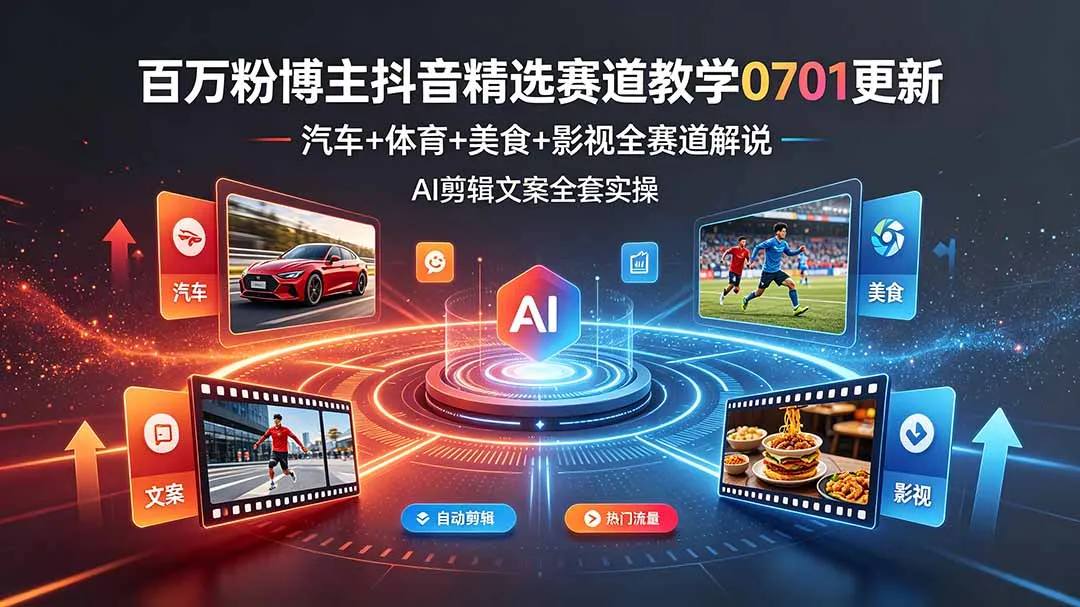 百万粉博主抖音精选赛道教学-0701更新，汽车+体育+美食+影视全赛道解说，AI剪辑文案全套实操-资源分享