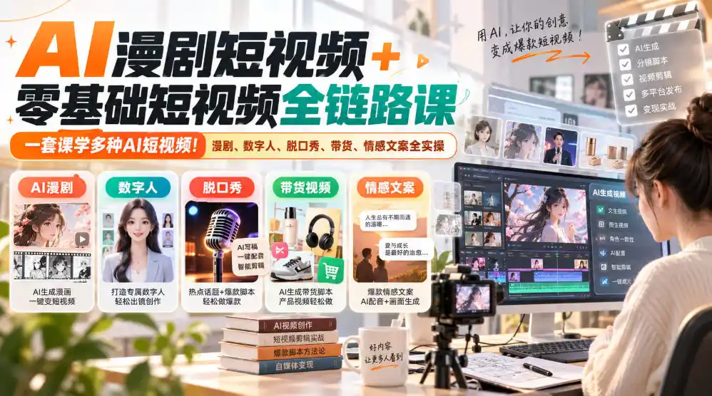 AI漫剧短视频+零基础短视频全链路课，一套课学多种AI短视频！漫剧、数字人、脱口秀、带货、情感文案全实操-资源分享
