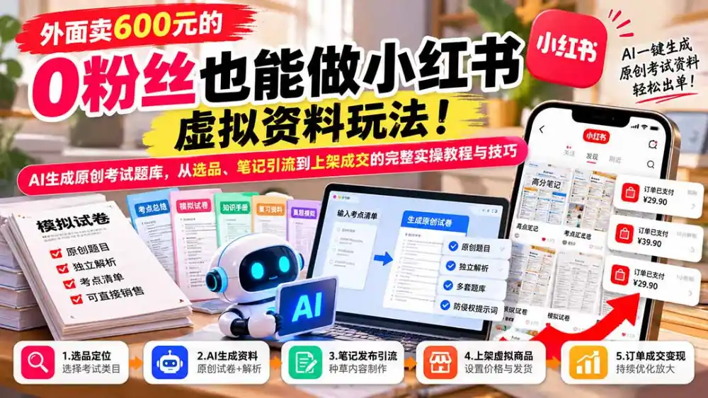 外面卖600元的 零粉丝也能做小红书虚拟资料玩法！AI生成原创考试题库，从选品、笔记引流到上架成交的完整实操教程-资源分享