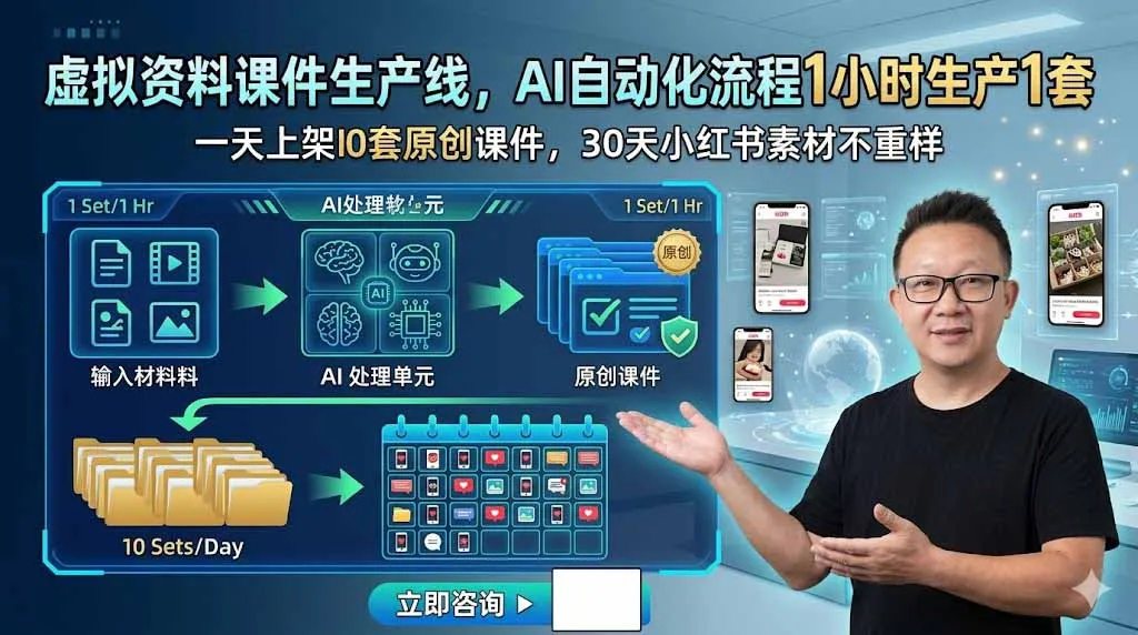 虚拟资料课件生产线，AI自动化流程1小时生产1套，一天上架10套原创课件，30天小红书素材不重样-资源分享