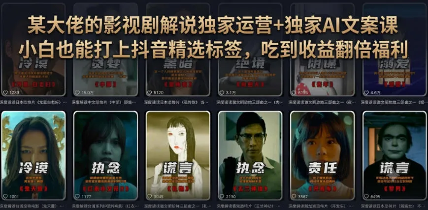 某大佬的影视剧解说独家运营+独家AI文案课，小白0粉丝也能快速打上抖音精选标签、吃到收益翻倍福利-资源分享