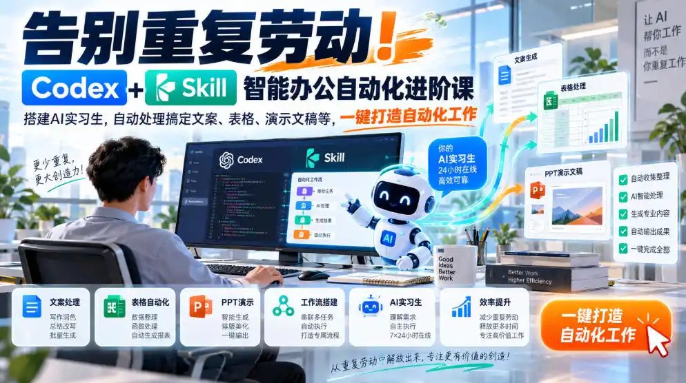 告别重复劳动！Codex+Skill智能办公自动化进阶课｜搭建AI实习生，自动处理搞定文案、表格、演示文稿等，一键打造自动化工作-资源分享